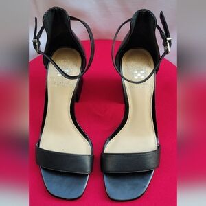 Vince Camuto Black Leather Block Heel Sandals Size 5.5M Ankle Strap Open Toe